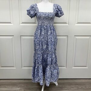 O.P.T. Daphne Square Neck Smocked Midi Dress White Blue Size M